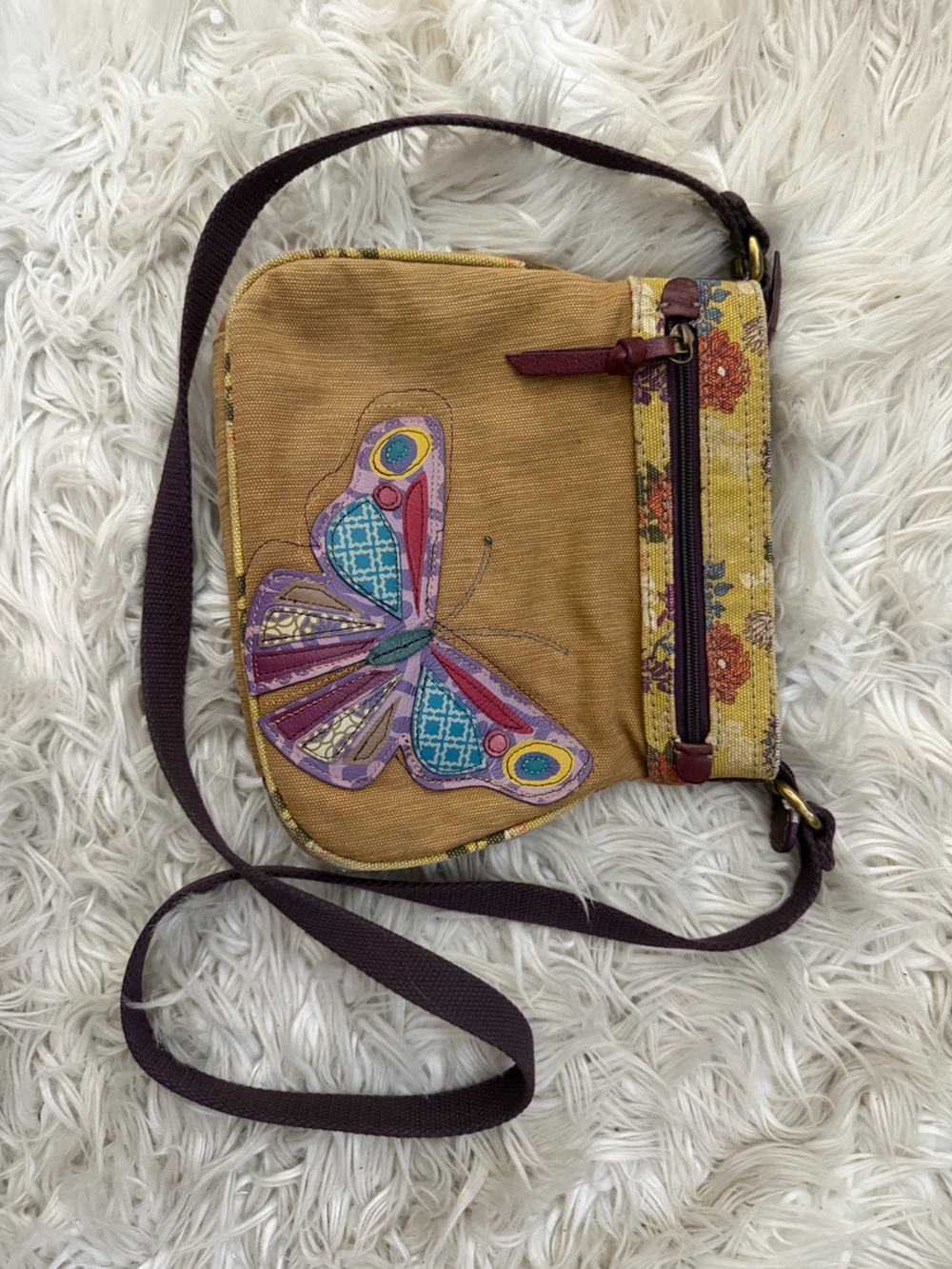 Y2K Fossil Butterfly Appliqué Crossbody Bag in Mustard